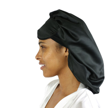 Right side of the lady wearing Head cover with eye mask