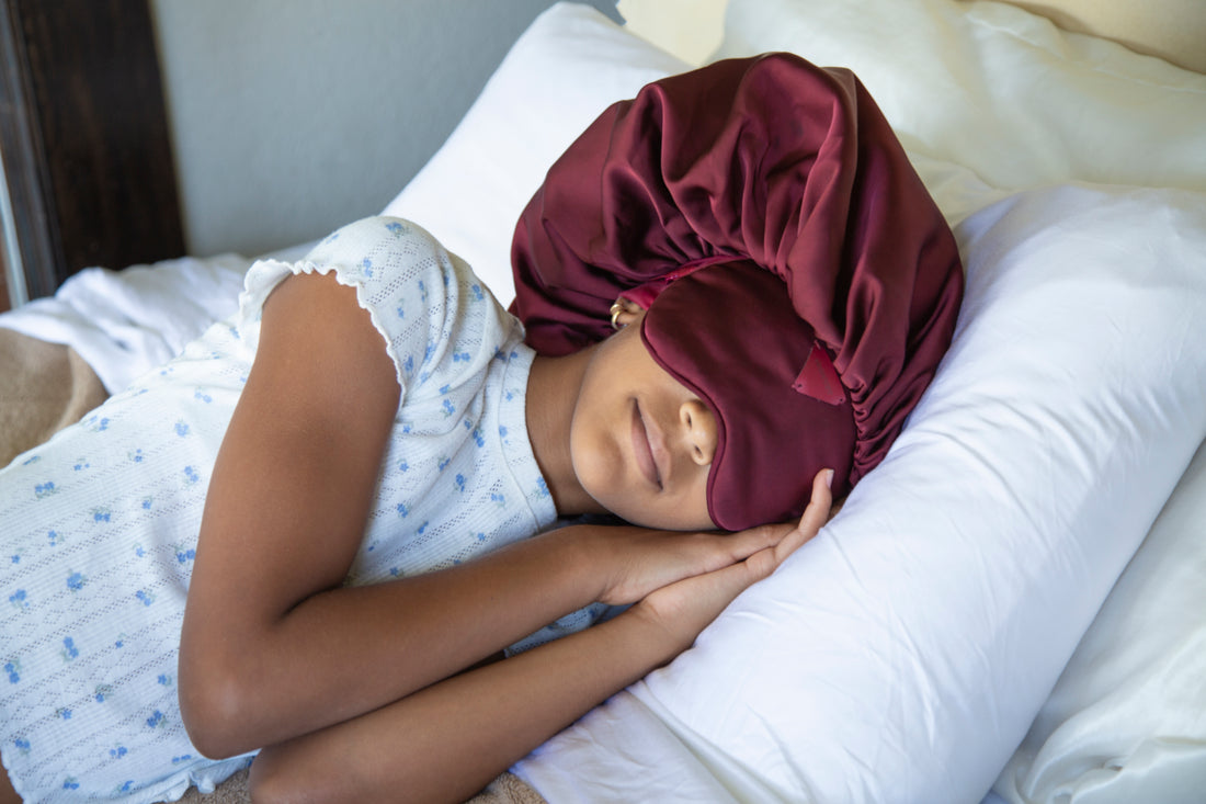 iBonnet® Kids (REM Red) 2-in-1 Adjustable Satin Hair Bonnet and Eye Mask with Gel Insert
