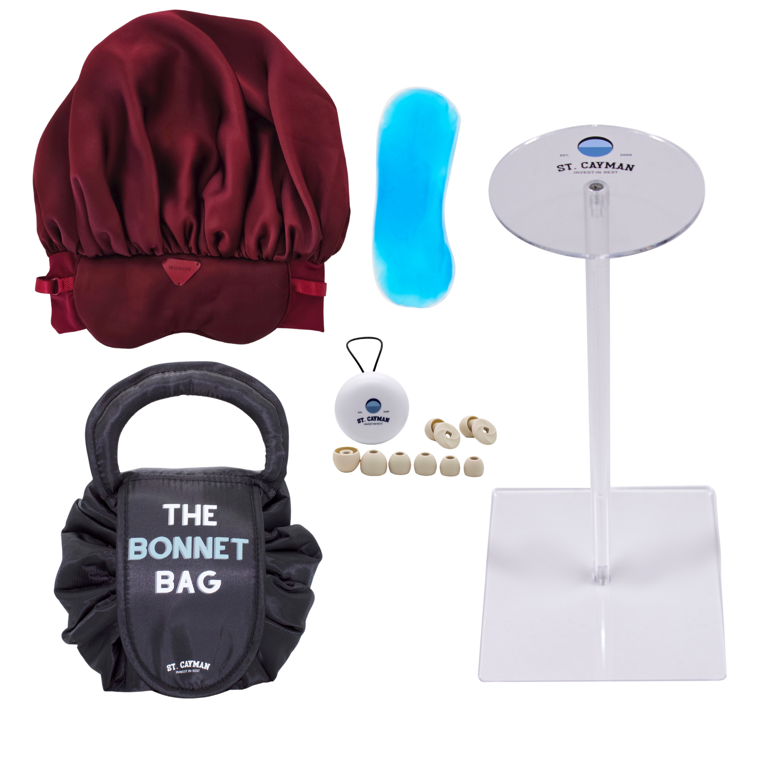 The Ultimate Hair Care Set – Satin Bonnet, Stand, Earplugs & Bag